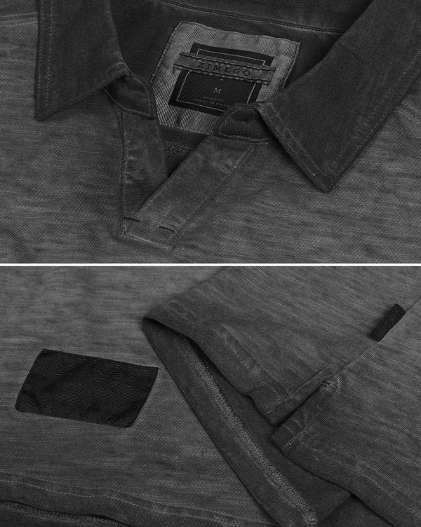 Zimego Long Sleeve Vintage Wash Henley Neck Polo | Charcoal