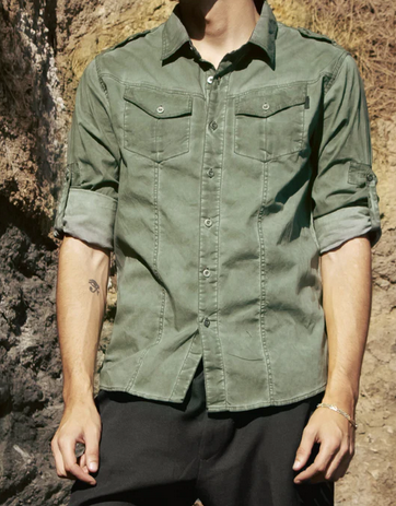 ZIMEGO Men's Stretch Roll-Up Sleeve Shirt Washed Vintage | Green