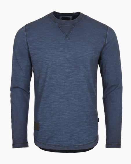 Zimego Long Sleeve Crew Neck Vintage Wash T-Shirt with Curved Bottom Hem | Navy