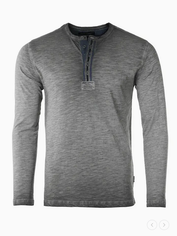 Zimego Men's Long Sleeve Crew Neck Vintage Henley T-Shirt | Charcoal