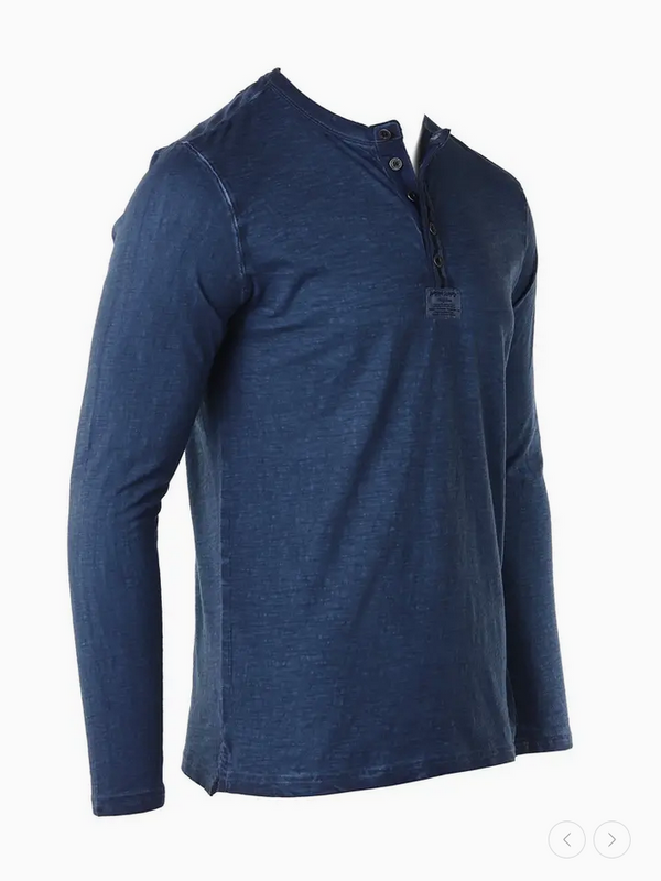 Zimego Men's Long Sleeve Crew Neck Vintage Henley T-Shirt | Navy