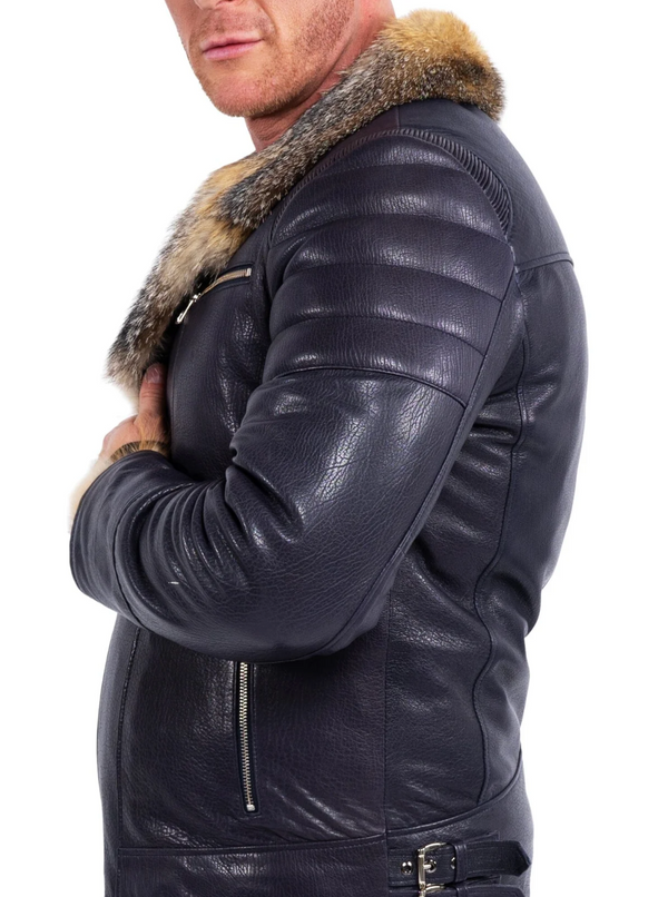 Maceoo Leather Jacket Destroyer Navy