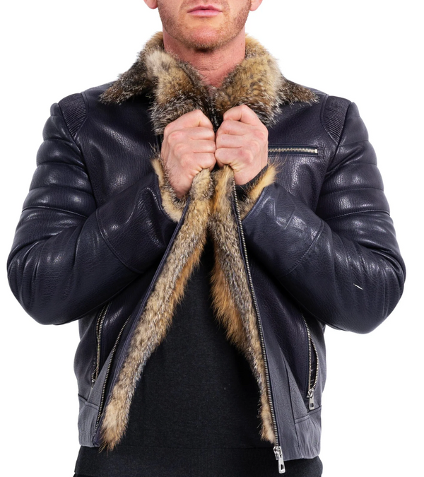 Maceoo Leather Jacket Destroyer Navy