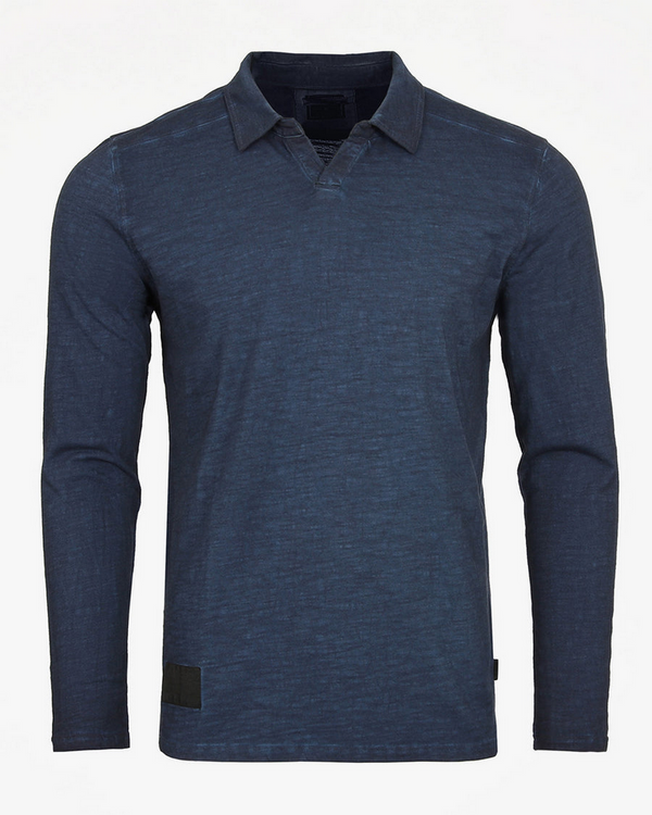 Zimego Long Sleeve Vintage Wash Henley Neck Polo | Navy