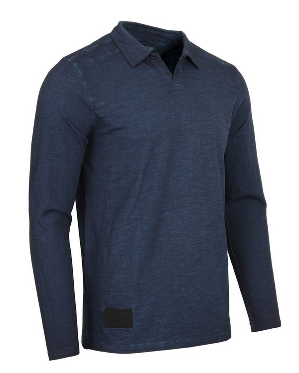 Zimego Long Sleeve Vintage Wash Henley Neck Polo | Navy