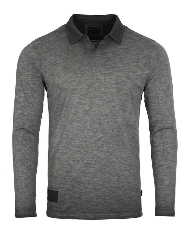 Zimego Long Sleeve Vintage Wash Henley Neck Polo | Charcoal