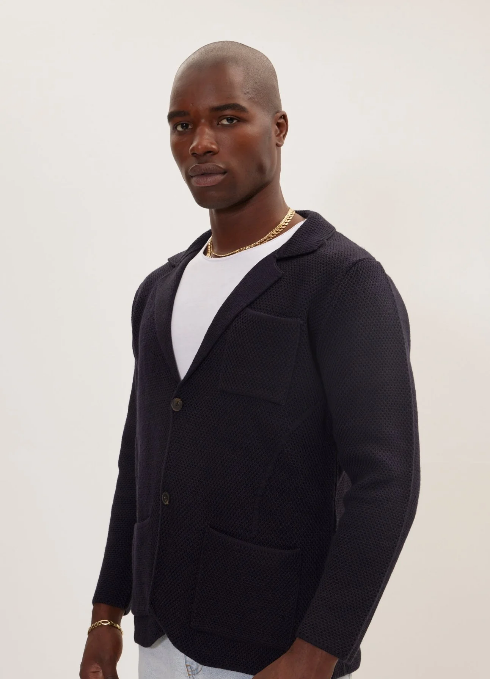 Ron Tomson Knitted Notch Laper Fitted Blazer | Navy
