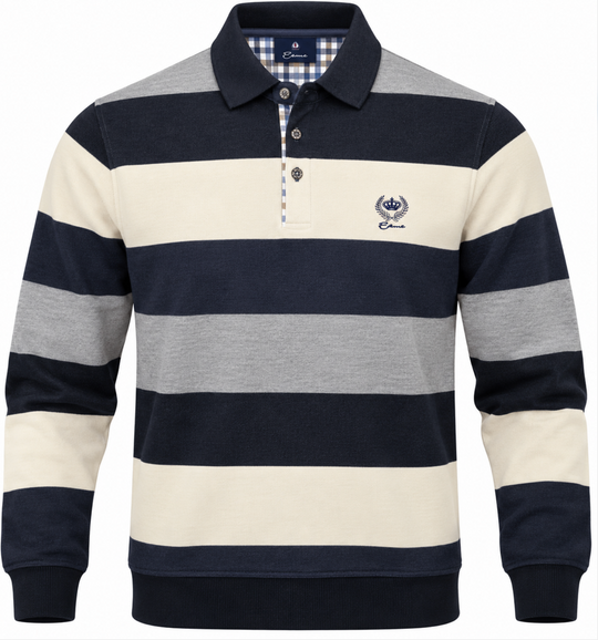 Ethnic Blue Striped Polo Sweater | Charcoal Cream