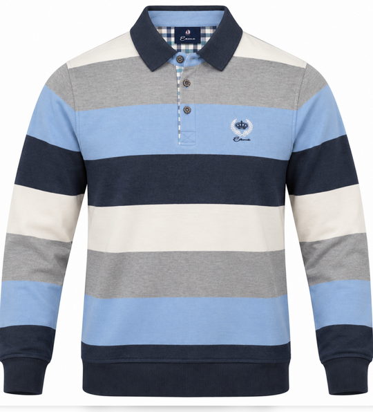Ethnic Blue Striped Polo Sweater | Grey Blue