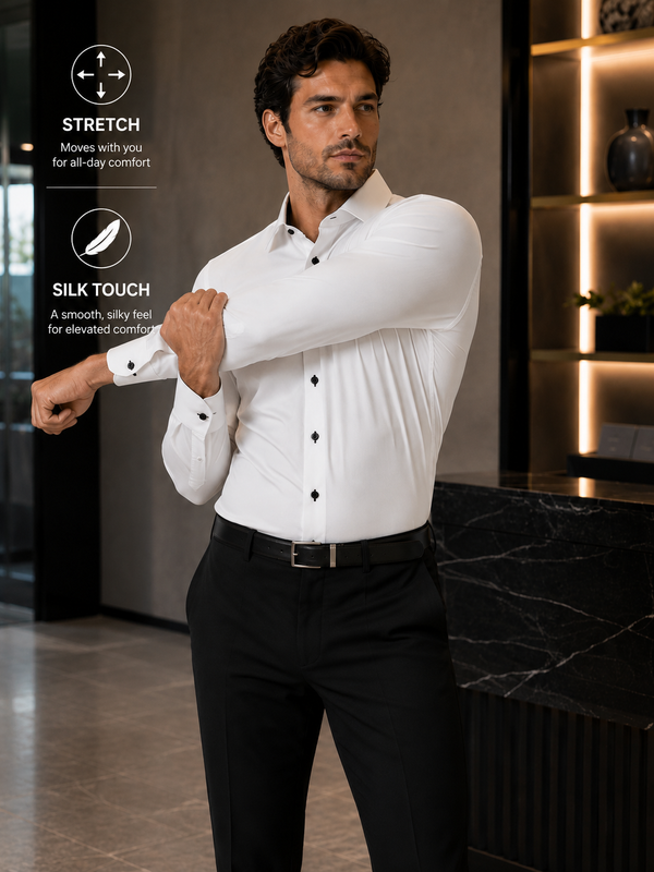 7 Downie St. Silk Touch Shirt with Stretch | White/Black