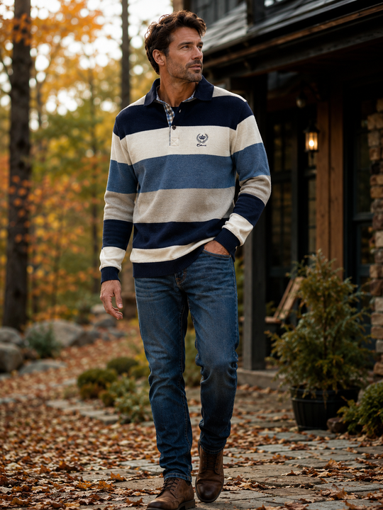Ethnic Blue Striped Polo Sweater | Navy Cream