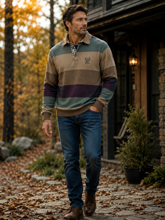 Ethnic Blue Striped Polo Sweater | Brown/Green