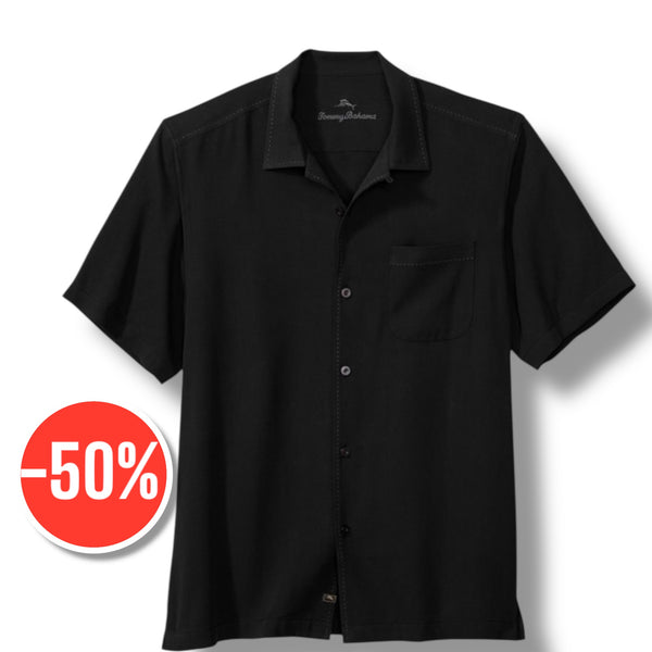 Tommy Bahama Hawaiian Herringbone Silk Camp Shirt | Black