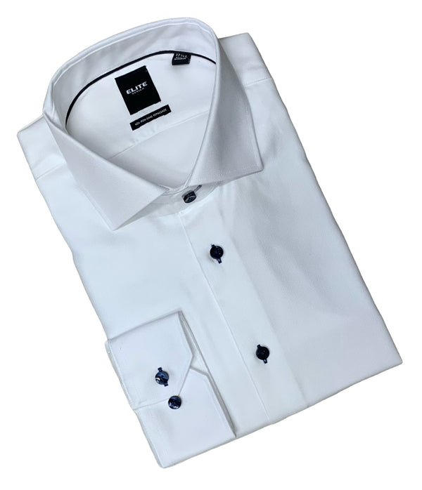 Elite Dress Shirt with Navy Button, White - Caswell's Fine Menswear