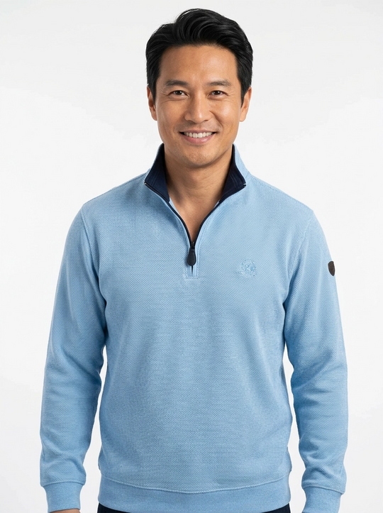 Sweatshirt à col zippé en piqué épais bleu ethnique | Bleu