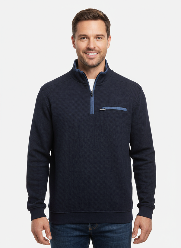 Ethnic Blue Half-Zip Sweater in Piqué Knit | Navy