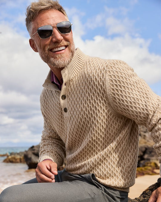 Tommy Bahama Cross Cable Button-Neck Sweater | Hazelnut Cream