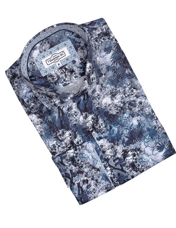 7 Downie Street Skull Shirt Long Sleeve | Navy - Caswell's Fine Menswear
