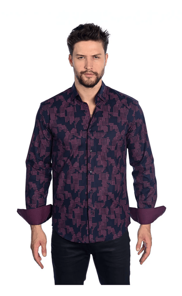 Mizumi Shirt Long Sleeve | Navy/Burgandy - Caswell's Fine Menswear