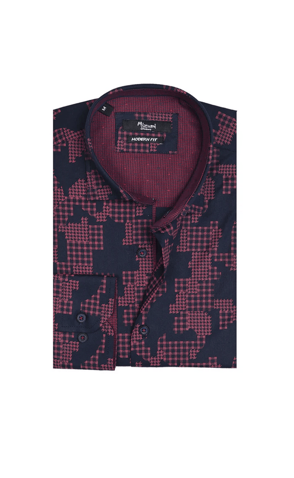 Mizumi Shirt Long Sleeve | Navy/Burgandy - Caswell's Fine Menswear