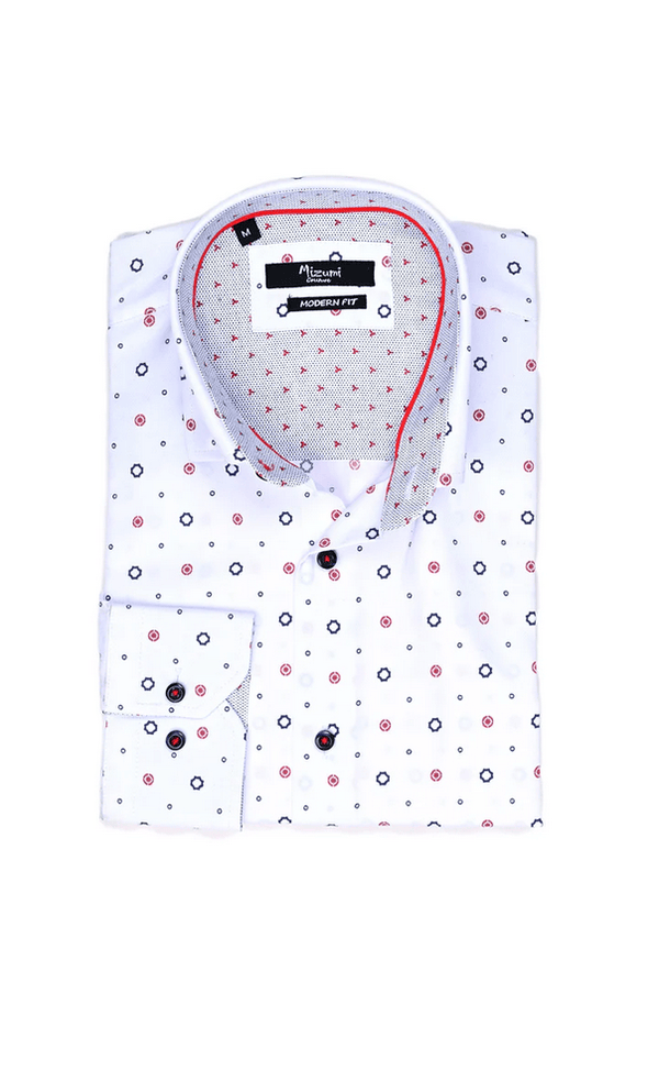 Mizumi Shirt Long Sleeve | White/Red - Caswell's Fine Menswear