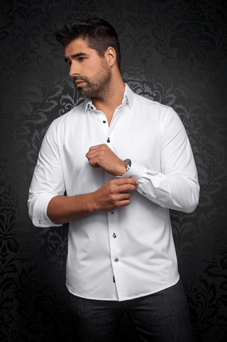 Au Noir 360° Stretch Shirt Long Sleeve | ALEXANDER-SLD, White/Navy - Caswell's Fine Menswear