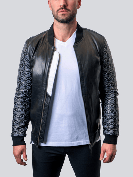 Maceoo Leather Jacket Skull Sleeve | Black