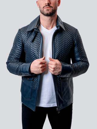 Maceoo Leather Jacket Tresser | Navy - Caswell's Fine Menswear