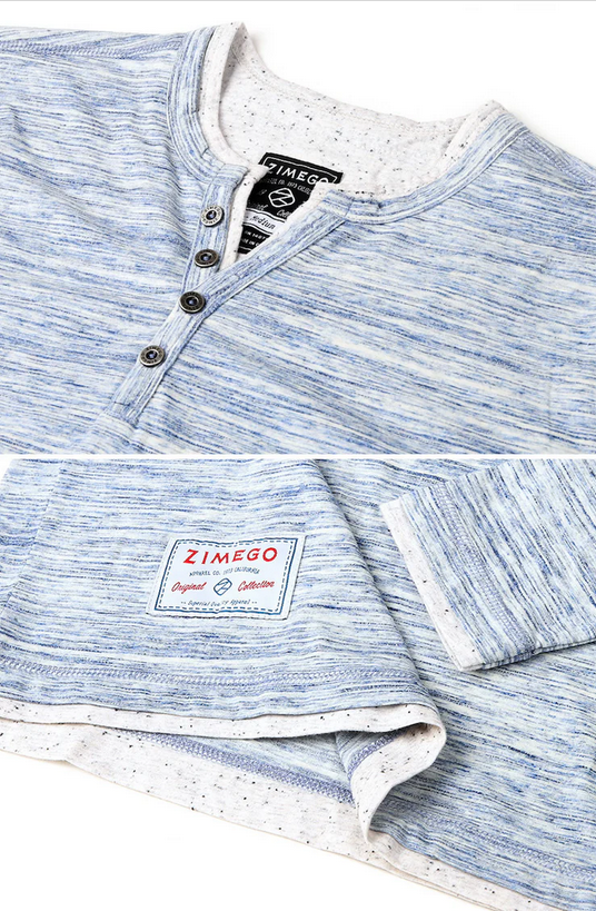Zimego Long Sleeve Double Layered Y-Neck Fashion Henley | Blue/White