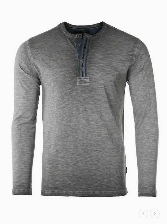 Zimego Men's Long Sleeve Crew Neck Vintage Henley T-Shirt  | Charcoal