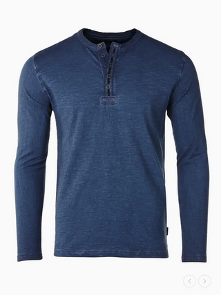 Zimego Men's Long Sleeve Crew Neck Vintage Henley T-Shirt | Navy
