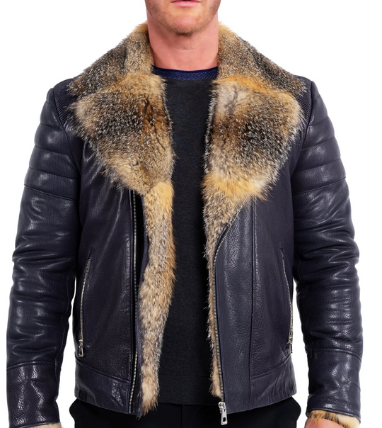 Maceoo Leather Jacket Destroyer Navy