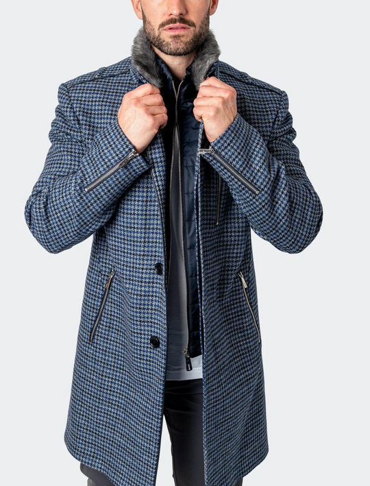 Maceoo Pea Coat Captain Houndstooth Blue