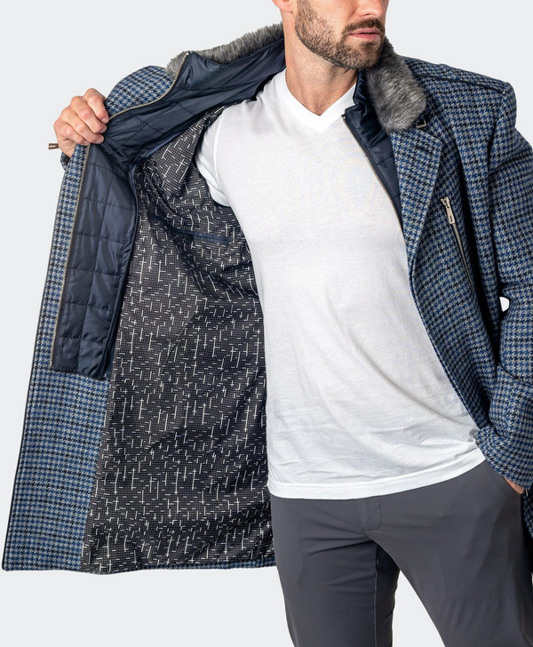 Maceoo Pea Coat Captain Houndstooth Blue