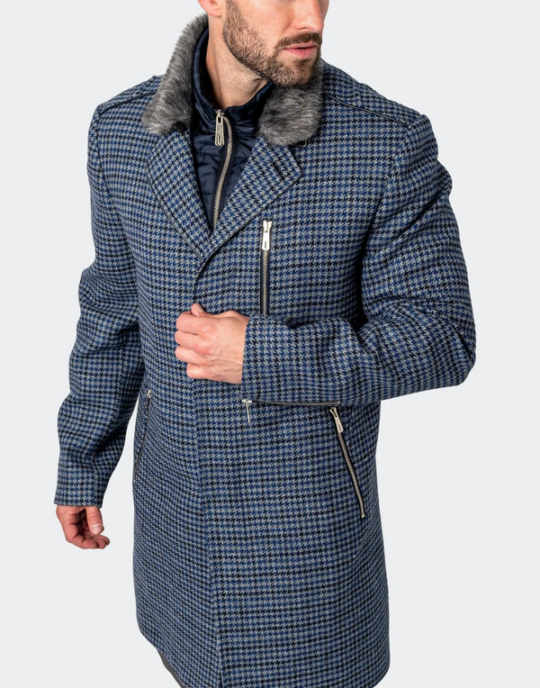 Maceoo Pea Coat Captain Houndstooth Blue