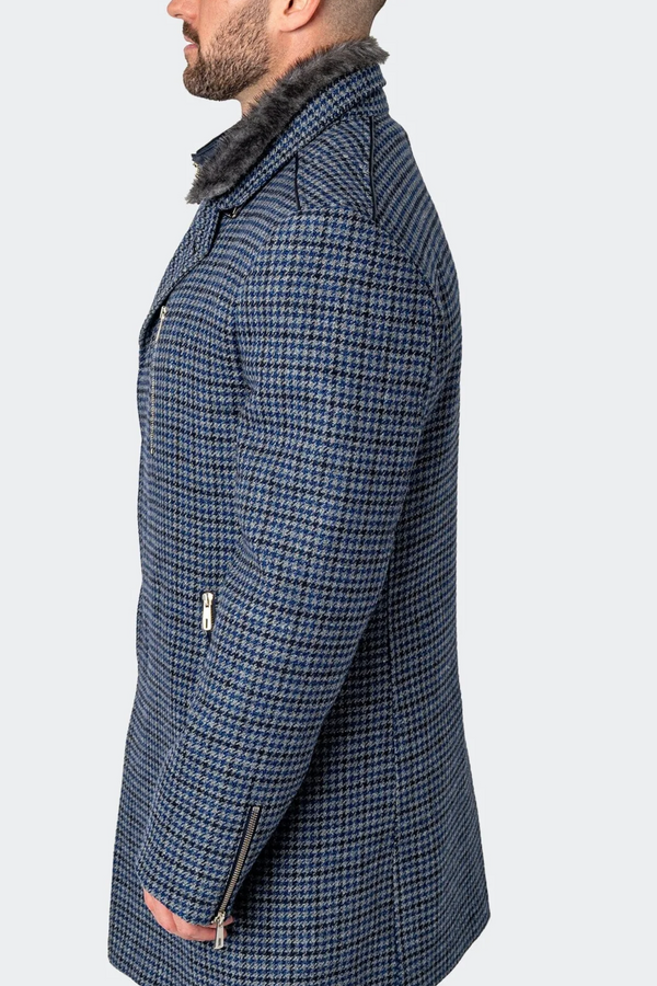 Maceoo Pea Coat Captain Houndstooth Blue