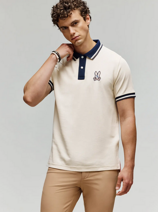 Psycho Bunny Hommes Polo Wade Pique | Blanc Cap Gris