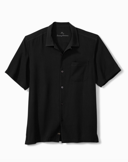 Tommy Bahama Hawaiian Herringbone Silk Camp Shirt | Black