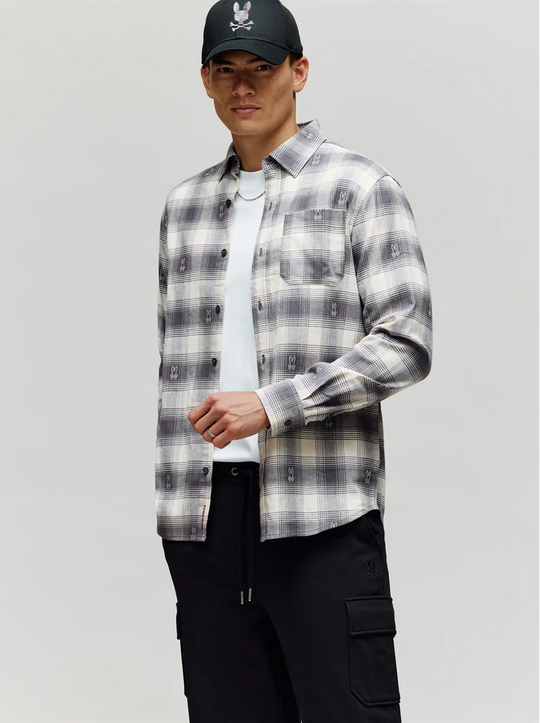 Psycho Bunny  Men's Kurt Plaid Flannel Shirt | Blackend Pearl