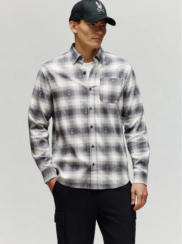 Psycho Bunny  Men's Kurt Plaid Flannel Shirt | Blackend Pearl