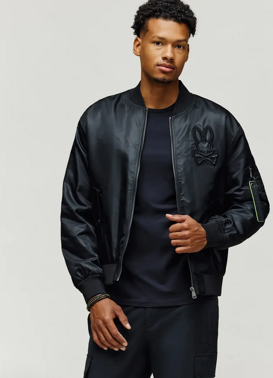 Psycho Bunny Men's David Oversized Satin Bomber | Black