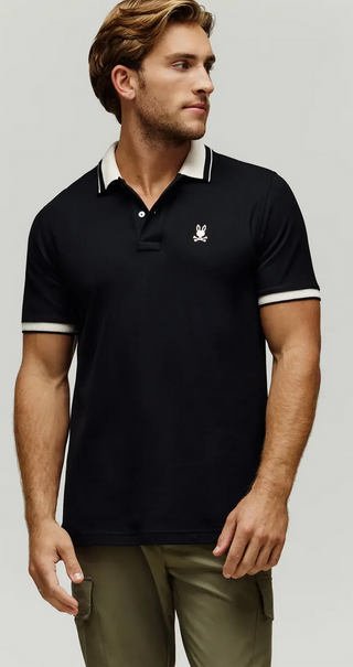 Psycho Bunny Men's Indigo Textured Collar Pique Polo | Black