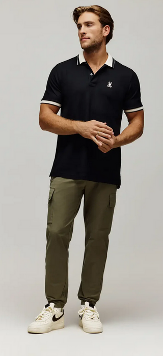 Psycho Bunny Men's Indigo Textured Collar Pique Polo | Black