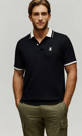 Psycho Bunny Men's Indigo Textured Collar Pique Polo | Black