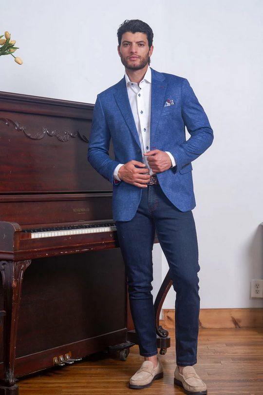 7 Downie St. Printed Cotton Stretch Knit Blazer | Blue