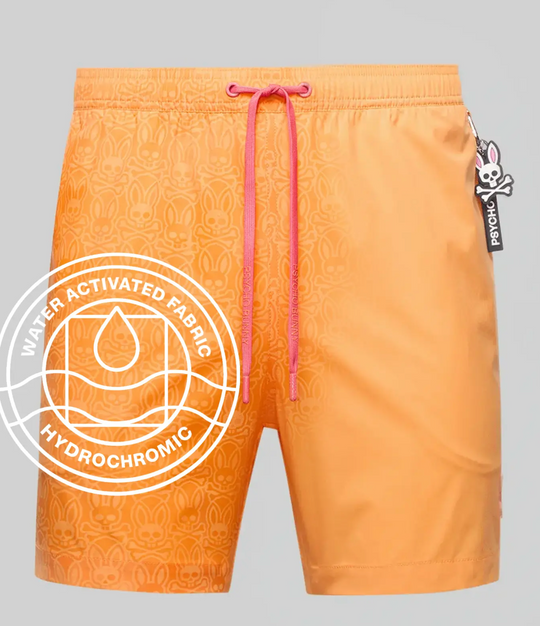 Psycho Bunny Mens Samos Hydrochromic Printed Swim Trunk | Papaya
