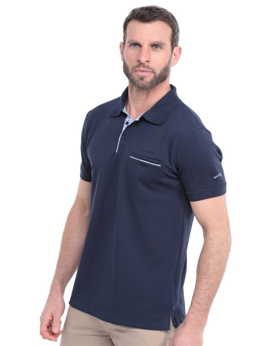 Ethnic Blue Short Sleeve Polo-Shirt Piqué with Pocket | Navy