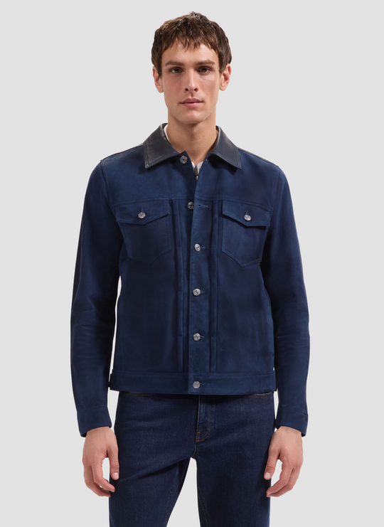Bugatchi Leather Hybrid Trucker Jacket | Navy
