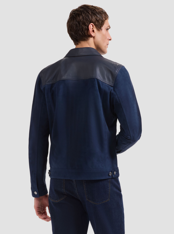 Bugatchi Leather Hybrid Trucker Jacket | Navy