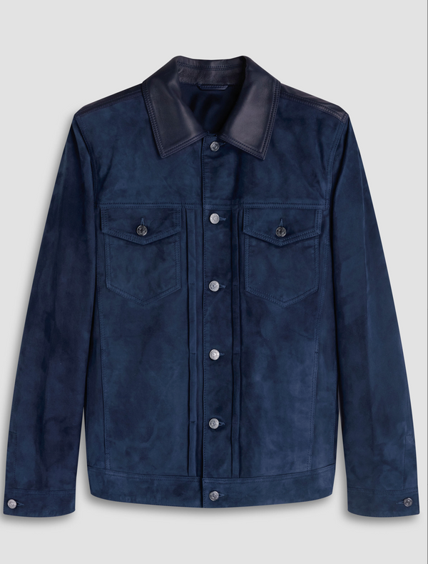 Bugatchi Leather Hybrid Trucker Jacket | Navy
